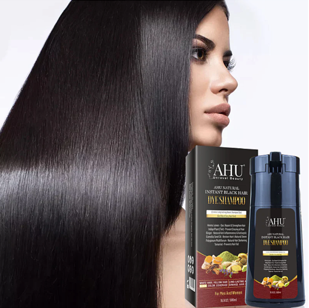 Woman with long black hair next to AHU shampoo and conditioner bottles on a white background